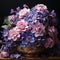 Basket of blue and purple flowers outdoors on a blurred background. Beautiful modern still life of flowers in a beautiful basket