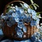 Basket of blue and white flowers outdoors on a blurred background. Beautiful modern still life of flowers in a beautiful basket on