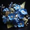 Basket of blue and white flowers in the studio on a dark background. Beautiful modern still life of flowers in a beautiful basket