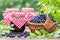 Basket with blueberries and jars of jam.