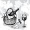 Basket with bottle of wine, wineglass, cheese and corkscrew