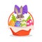 Basket with a bow with colored bright eggs and an Easter bunny.