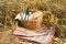 Basket with bread, food and wine bottle