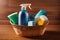 Basket with brushes, rags, natural sponges and cleaning products, generative ai