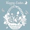 Basket, butterfly, dandelion, grass, leaves, flowers, chamomile, egg. Vector illustration. Easter eggs for Easter holidays. Paper