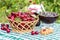 Basket of cherries, cherry jam with biscuit, cherry jam jar on background of cherry tree