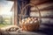 basket of chicken eggs on a wooden table on a farm