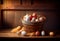 Basket of chicken eggs on a wooden table on a farm