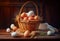 Basket of chicken eggs on a wooden table on a farm