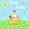 Basket with colored eggs and twigs on the daisies meadow. Easter Bunny peeking out from behind a basket. Cartoon bee and