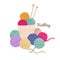 Basket with colored yarn balls and knitting needles. Vector illustration