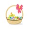 Basket with colorful Easter eggs and hatched chick