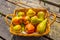 Basket of cox apples and blush and conference pears