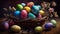 Basket of decorated colored easter eggs. Generatie AI illustration.