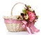 Basket decorated handmade. Festive basket decorated with flowers on white background