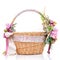 Basket is decorated in pink. Decor with flowers and wide color ribbon. Isolated on a white background