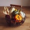 Basket of decorative gourds and mini pumpkins