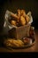 Basket of deep fried chicken wings with french fries and ketchup