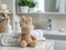 A basket with delicate baby cosmetics, fluffy towels and other bath accessories and a cute stuffed animal on a small table in a