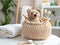 A basket with delicate baby cosmetics, fluffy towels and other bath accessories and a cute stuffed animal on a small table in a