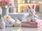 A basket with delicate baby cosmetics, fluffy towels and other bath accessories and a cute stuffed animal on a small table in a