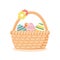 Basket of Easter coloured eggs with flowers. Spring holiday. Vector illustration