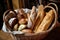 basket filled with assorted breads, from rustic baguettes to fluffy rolls