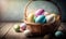 a basket filled with colorful eggs on top of a wooden table next to a feathery nest of eggs on top of a wooden table