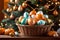 Basket Filled with Easter Eggs Placed Beside a Carved Pumpkin Under a Brightly Lit Christmas Tree: Holiday Harmony