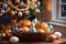 Basket Filled with Easter Eggs Placed Beside a Carved Pumpkin Under a Brightly Lit Christmas Tree: Holiday Harmony