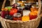 basket filled with variety of homemade preserves, including jams, jellies and marmalades