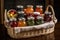 basket filled with variety of homemade preserves, including jams, jellies and marmalades