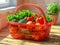 A basket filled with vegetables on a wooden table