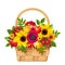 Basket with flowers, apples and berries. Vector illustration.