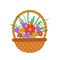 Basket of flowers. Wicker basket for home. Vector Illustration for printing, background, cover, packaging, greeting card, poster,