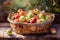 Basket of fresh apples. Watercolor painting. Autumn still life