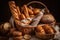 basket of fresh-baked breads, including baguettes, rolls and buns