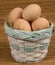 Basket of fresh eggs on a mottled background