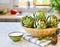 A basket of fresh green artichokes on a wooden board, portraying natural and healthy living