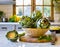 A basket of fresh green artichokes on a wooden board, portraying natural and healthy living