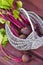 Basket of fresh harvested beetroots, beets with leaves