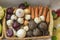 Basket with fresh organic vegetables closeup, selectiv focus. Farmers market