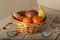 Basket of fresh seasonal fruit, mandarin, apple, pear, banana