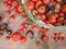 Basket of fresh tomatoes, many varieties.