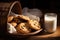 basket of freshly baked cookies, with a glass of milk for dunking