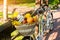 Basket with fruits and flowers.