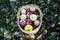 A basket full of apples, quince, walnuts, grapes