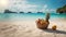 a basket full of different fruits sitting on the beach next to a few oranges