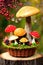 A basket full of fantastic mushrooms standing on a stump