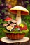 A basket full of fantastic mushrooms standing on a stump